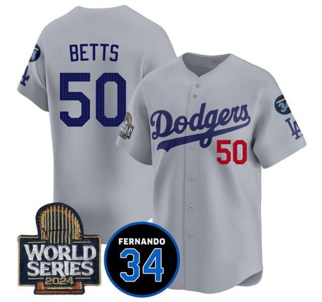 Los Angeles Dodgers #50 Mookie Betts Grey Puhics 2024 World Series With Fernando Memorial Patch Limited Stitched Jersey