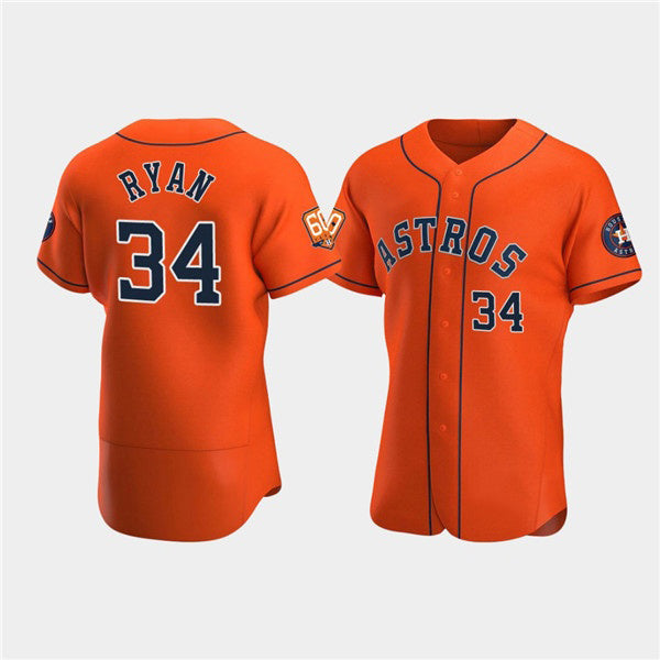 Houston Astros #34 Nolan Ryan Orange Puhics 60th Anniversary Flex Base Stitched Jersey