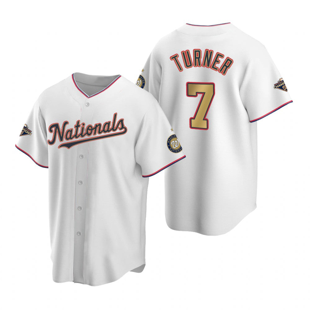 Washington Nationals #7 Trea Turner White Gold Puhics 2019 World Series Champions Stitched Cool Base Jersey