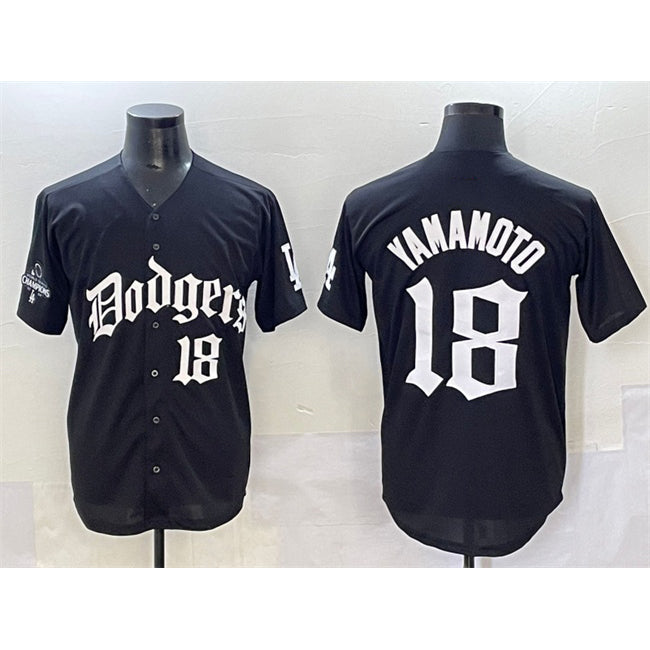 Los Angeles Dodgers #18 Yoshinobu Yamamoto Black Puhics 2025 LA Gothic Style With 2024 World Series Champions Patch Vapor Premier Limited Stitched Jersey