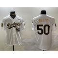 Los Angeles Dodgers #50 Mookie Betts White Gold Puhics 2024 World Series With Fernando Memorial Patch Limited Stitched Jersey2