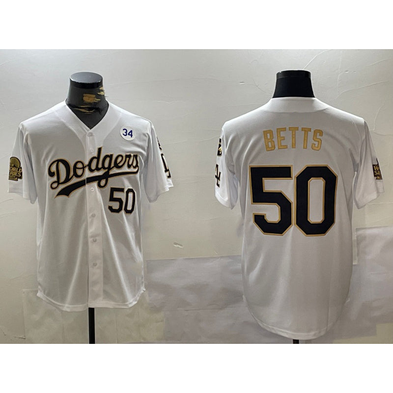 Los Angeles Dodgers #50 Mookie Betts White Gold Puhics 2024 World Series With Fernando Memorial Patch Limited Stitched Jersey2