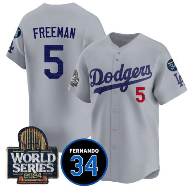 Los Angeles Dodgers #5 Freddie Freeman Grey Puhics 2024 World Series With Fernando Memorial Patch Limited Stitched Jersey