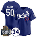 Los Angeles Dodgers #50 Mookie Betts Royal Puhics 2024 World Series With No. 34 Patch Cool Base Stitched Jersey