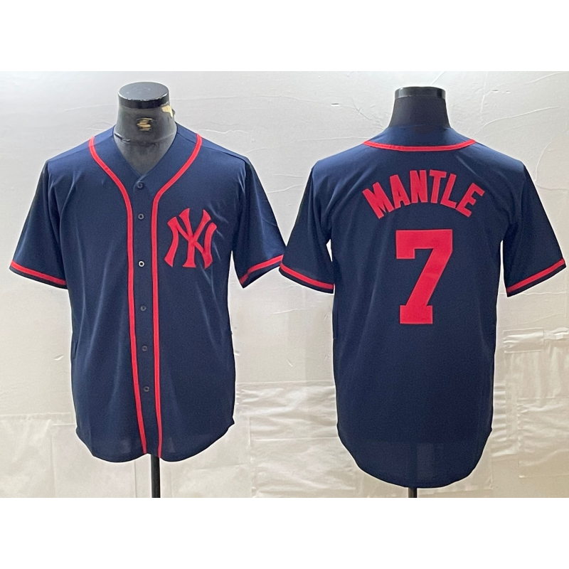 New York Yankees #7 Mickey Mantle Navy Red Puhics Fashion Cool Base Jersey
