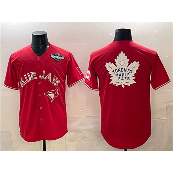 Toronto Blue Jays & Leafs Red Puhics 2025 World Series With White Leafs Logo Cool Base Stitched Jersey
