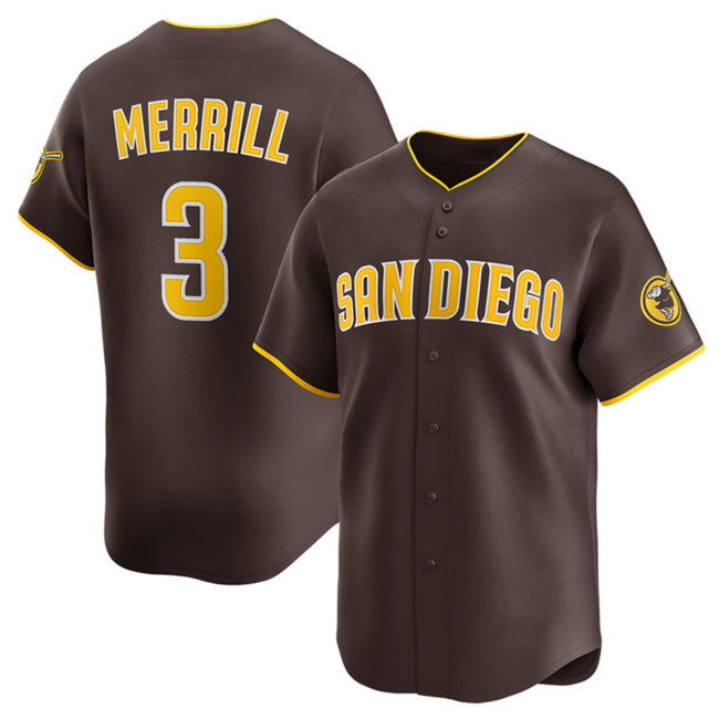 San Diego Padres #3 Jackson Merrill Brown Puhics 2024 Away Limited Stitched Jersey