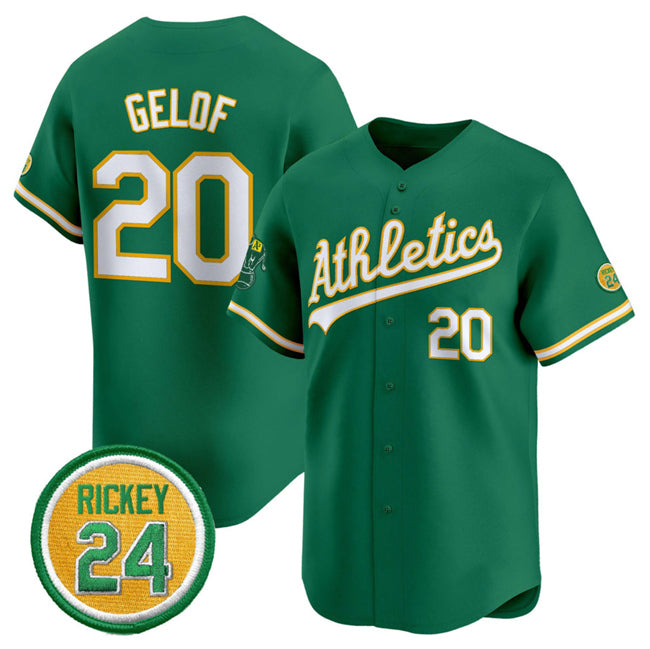 Oakland Athletics #20 Zack Gelof Green Puhics 2024 Limited With Rickey Henderson Patch Stitched Jersey