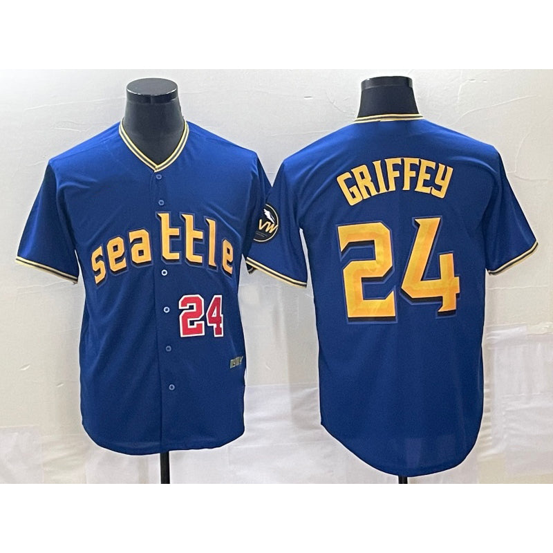 Seattle Mariners #24 Ken Griffey Number Blue Puhics 2023 City Connect Cool Base Stitched Jersey 1