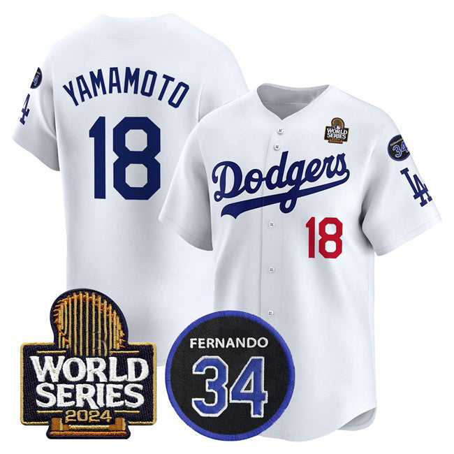 Los Angeles Dodgers #18 Yoshinobu Yamamoto White Puhics 2024 World Series With Fernando Memorial Patch Limited Stitched Jersey