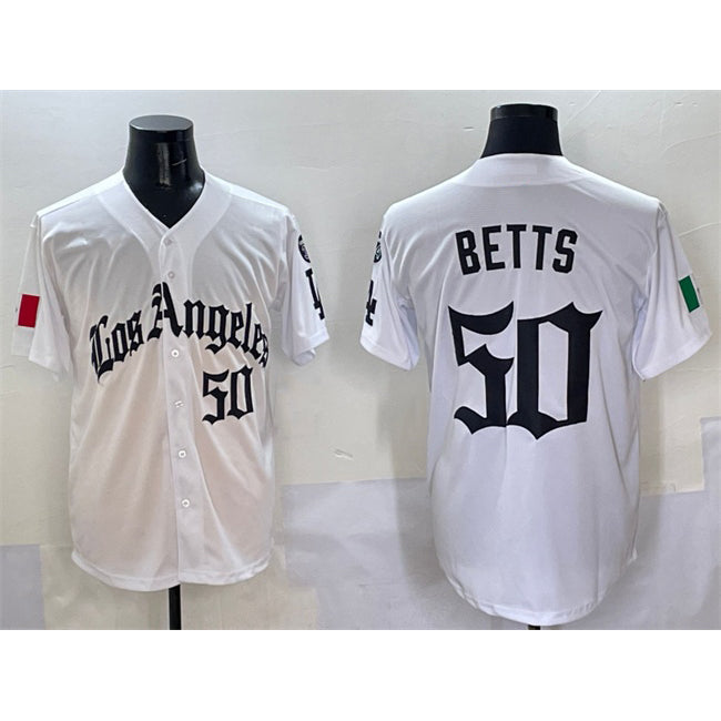 Los Angeles Dodgers #50 Mookie Betts White Puhics Mexico 2025 LA Gothic Style With Fernando Patch Vapor Premier Limited Stitched Jersey