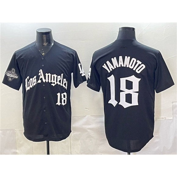 Los Angeles Dodgers #18 Yoshinobu Yamamoto Black Puhics LA Gothic Style With 2025 World Series Champions Patch Limited Stitched Jersey