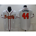 Atlanta Braves #44 Hank Aaron 2022 White Gold Puhics World Series Champions Program Cool Base Stitched Jersey