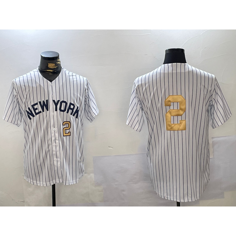 New York Yankees #2 Derek Jeter White Puhics Pinstripe Without Name Fashion Cool Base Jerseys