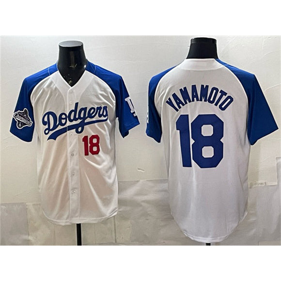Los Angeles Dodgers #18 Yoshinobu Yamamoto White Royal Puhics 2025 World Series Limited Stitched Jersey