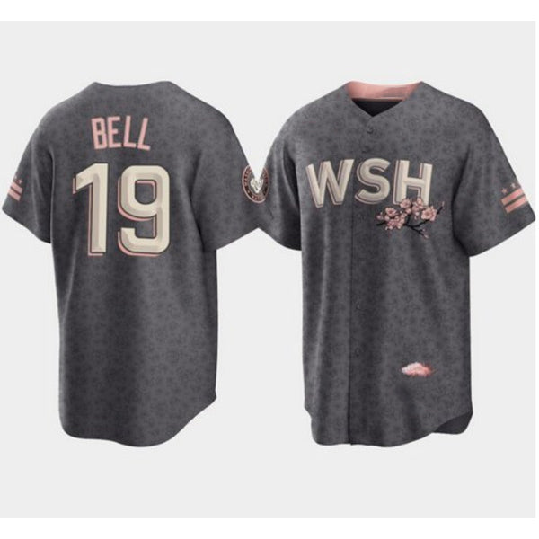 Washington Nationals #19 Josh Bell 2022 Grey Puhics City Connect Cherry Blossom Cool Base Stitched Jersey