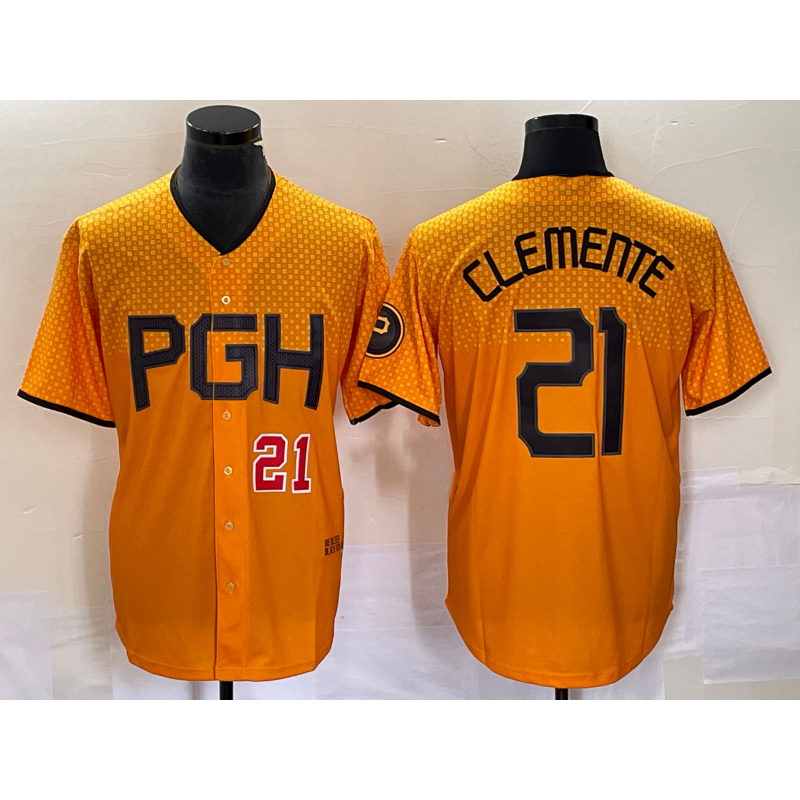 Pittsburgh Pirates #21 Roberto Clemente Number Gold Puhics 2023 City Connect Stitched Jersey 3