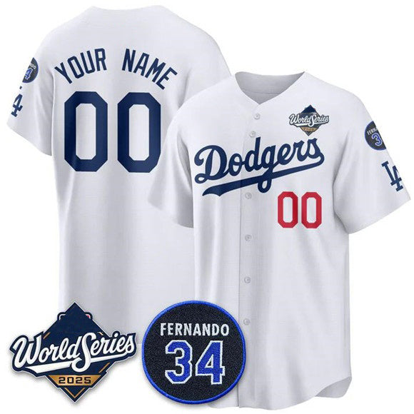Custom Los Angeles Dodgers ACTIVE PLAYER White Puhics 2025 World Series With No. 34 Patch Limited Stitched Jersey