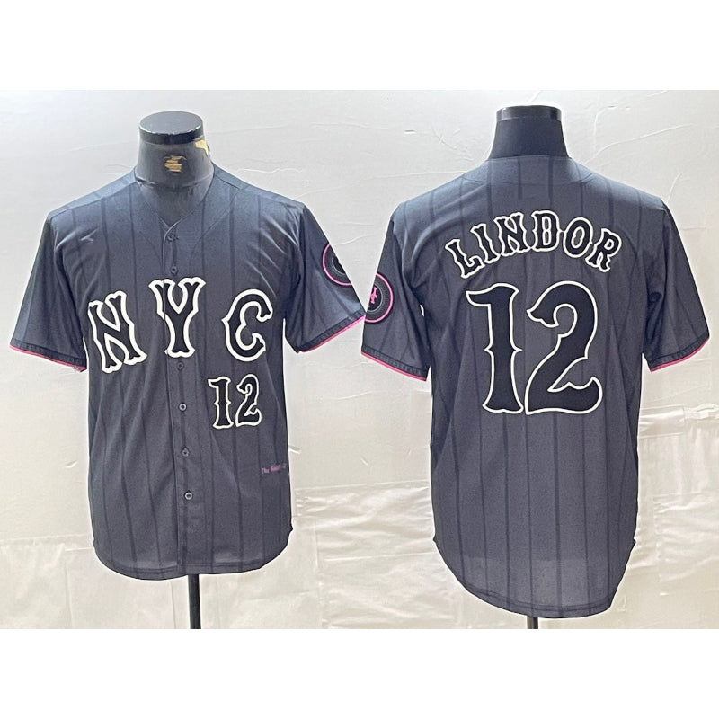 New York Mets #12 Francisco Lindor Number Grey Puhics 2024 City Connect Cool Base Stitched Jersey 2