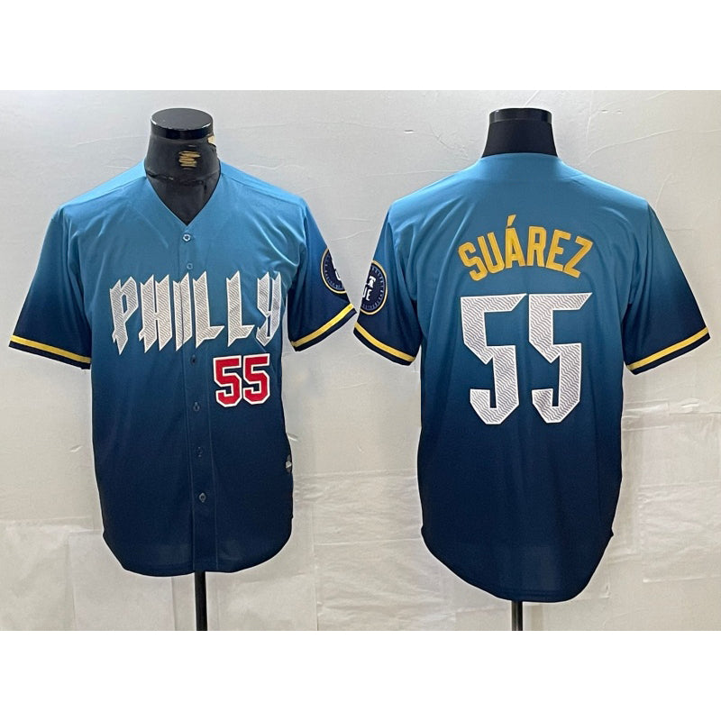 Philadelphia Phillies #55 Ranger Suarez Blue Puhics 2024 City Player Number Cool Base Jerseys