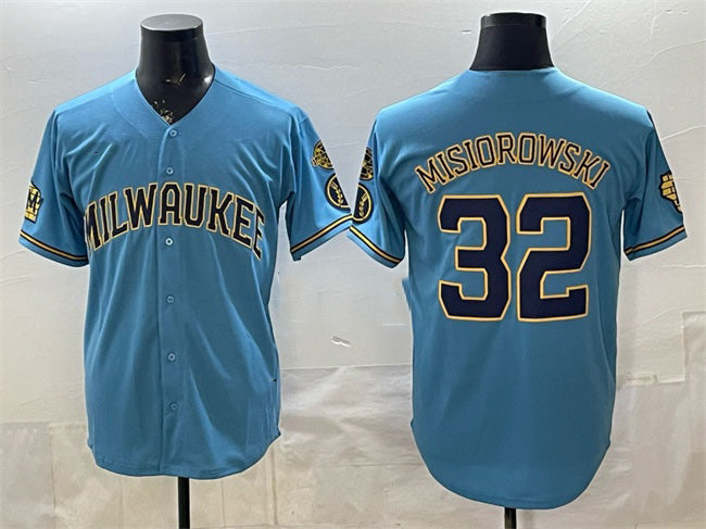 Milwaukee Brewers #32 Jacob Misiorowski Blue Puhics With Home & Bob Uecker Patch Stitched Jersey