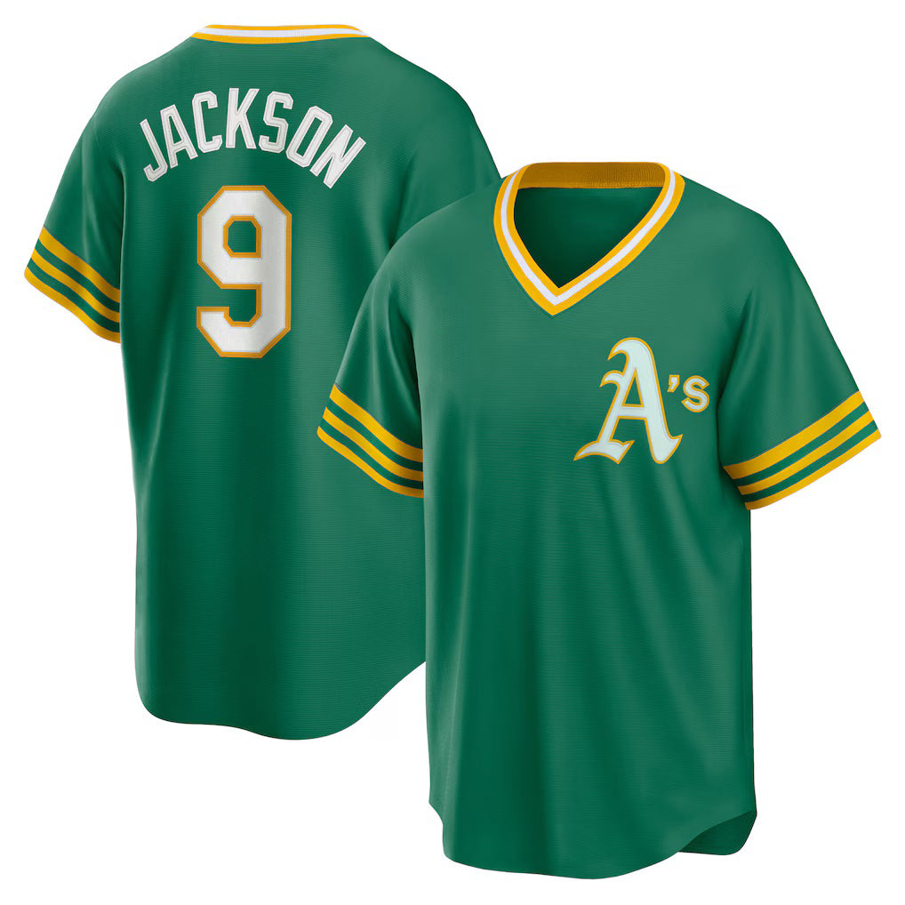 Oakland Athletics #9 Reggie Jackson Kelly Green Puhics Road Cooperstown Collection Player Jersey