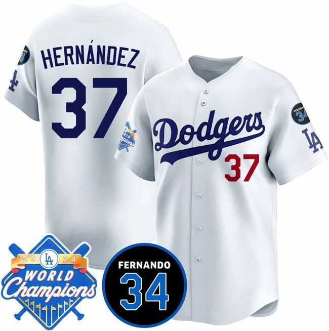 Los Angeles Dodgers #37 Teoscar Hernandez White Puhics 2024 World Champions & Fernando Memorial Patch Vapor Premier Home Limited Stitched Jersey