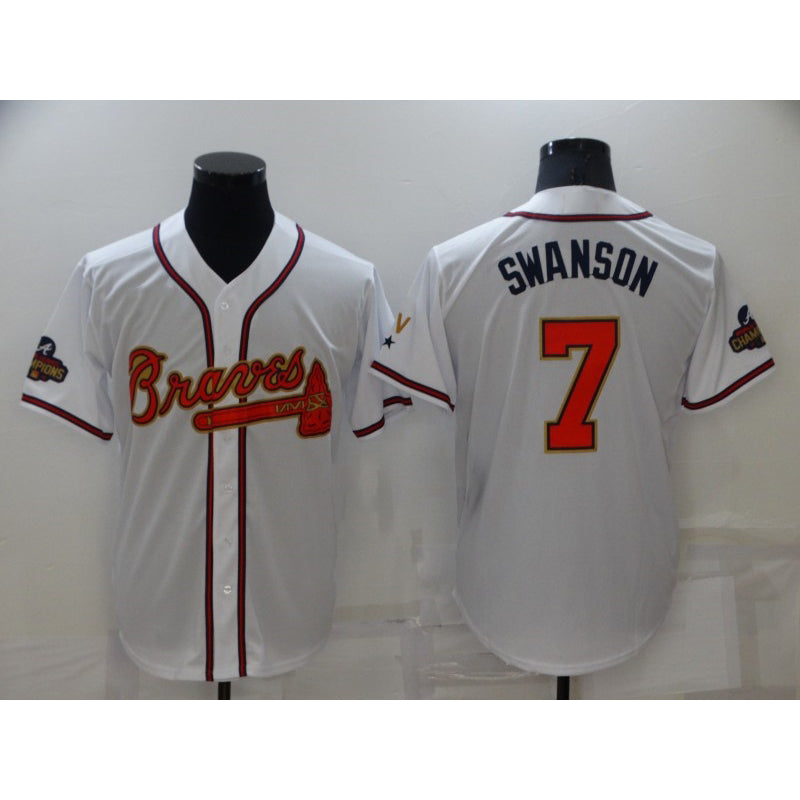 Atlanta Braves#7 Dansby Swanson 2022 White Puhics Gold World Series Champions Program Cool Base Stitched Jersey