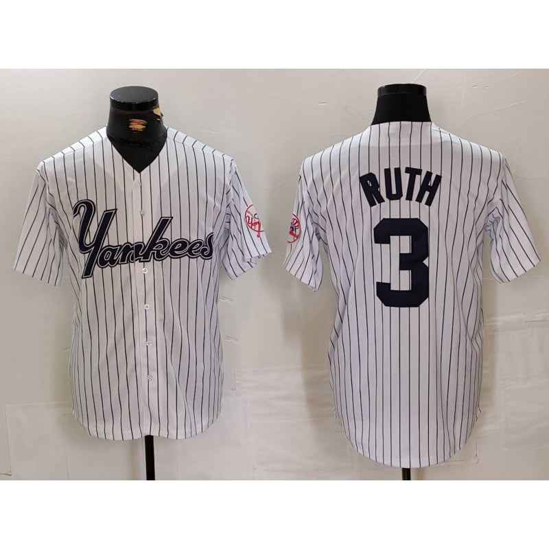 New York Yankees #3 Babe Ruth White Puhics Pinstripe Fashion Cool Base Jersey 3