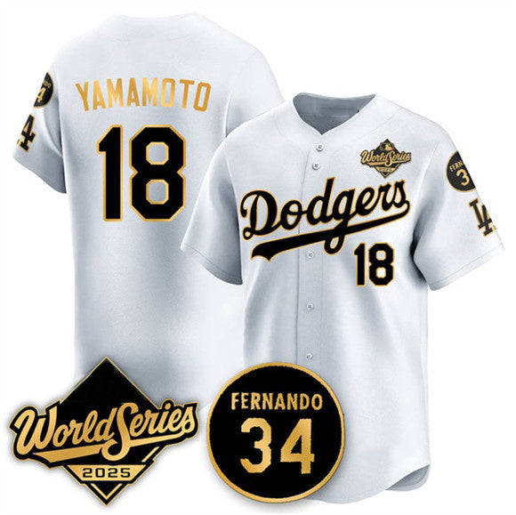 Los Angeles Dodgers #18 Yoshinobu Yamamoto White Gold Puhics 2025 World Series With No.34 Patch Limited Stitched Jersey