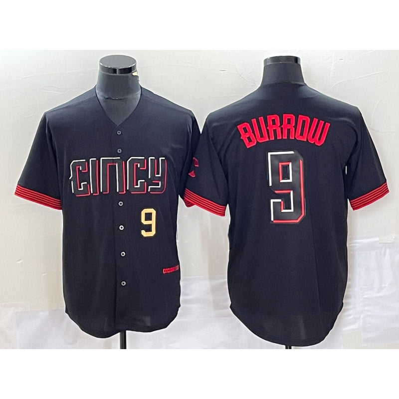 Cincinnati Reds #9 Joe Burrow Number Black Puhics 2023 City Connect Cool Base Stitched Jersey 2