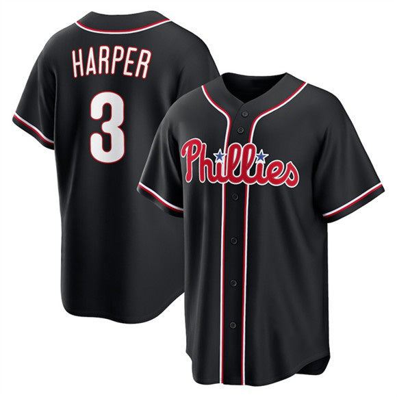 Philadelphia Phillies #3 Bryce Harper Fashion Black Puhics Out Stitched Baseball Jersey