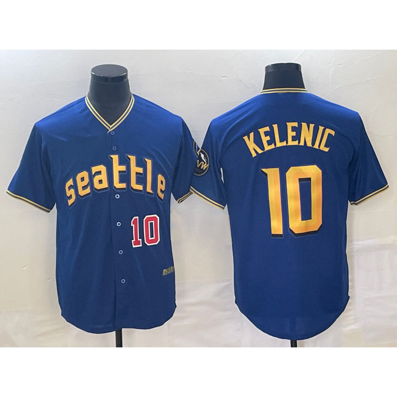 Seattle Mariners #10 Jarred Kelenic Number Blue Puhics 2023 City Connect Cool Base Stitched Jersey