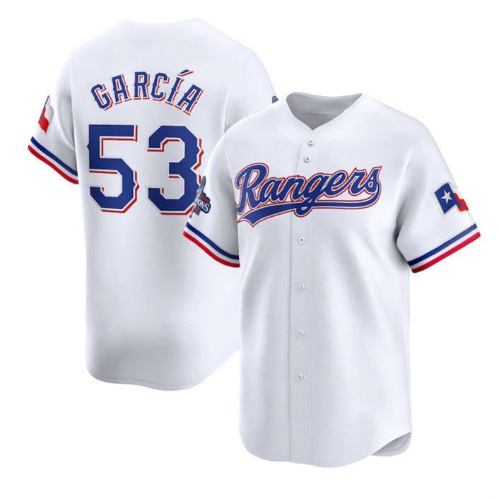 Texas Rangers #53 Adolis Garc¨ªa White Puhics 2023 World Series Champions Stitched Jersey