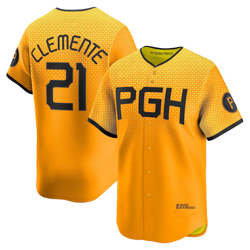 Pittsburgh Pirates #21 Roberto Clemente Gold Puhics City Connect Limited Player Jersey