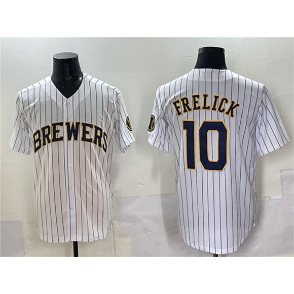 Milwaukee Brewers #10 Sal Frelick White Puhics Pinstripe 2025 With Patch Stitched Jersey