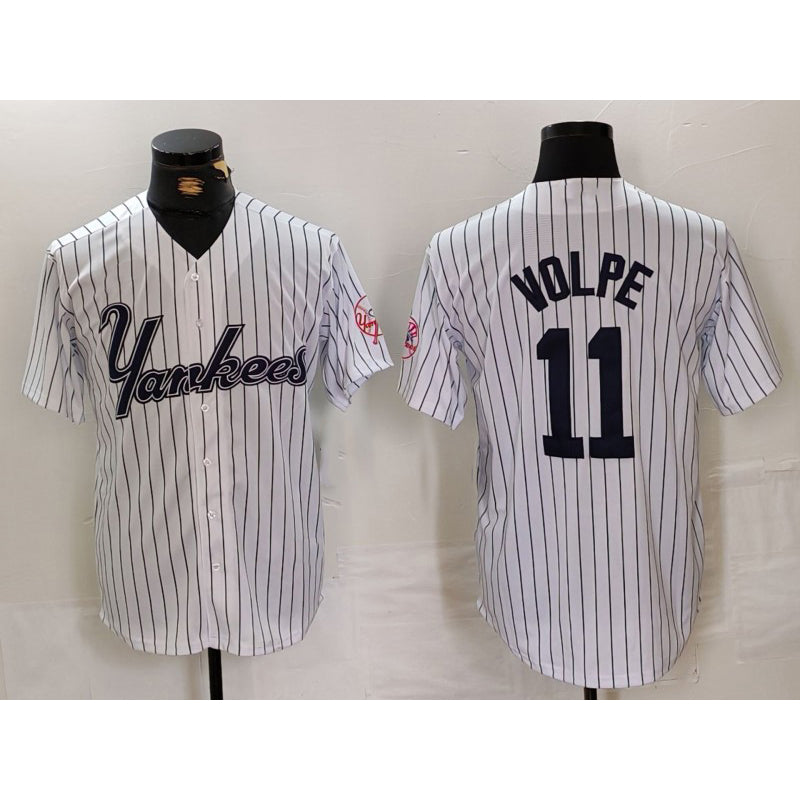 New York Yankees #11 Anthony Volpe White Puhics Pinstripe Fashion Cool Base Jersey 2