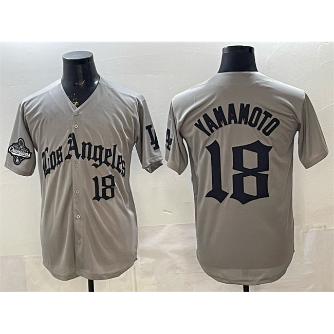 Los Angeles Dodgers #18 Yoshinobu Yamamoto Grey Puhics LA Gothic Style With 2025 World Series Champions Patch Limited Stitched Jersey