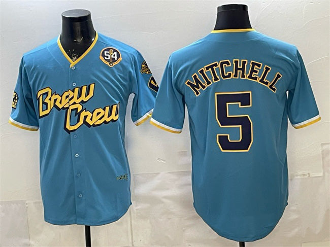 Milwaukee Brewers #5 Garrett Mitchell Powder Blue Puhics City Connect With Home & Bob Uecker Patch Limited Stitched Jersey