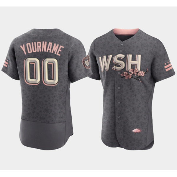Custom Washington Nationals 2022 Gray Puhics City Connect Cherry Blossom Flex Base Stitched Jersey