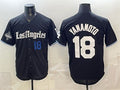 Los Angeles Dodgers #18 Yoshinobu Yamamoto Black Puhics 2025 World Series Champions Patch 'Gothic Edition' Vapor Premier Limited Stitched Jersey