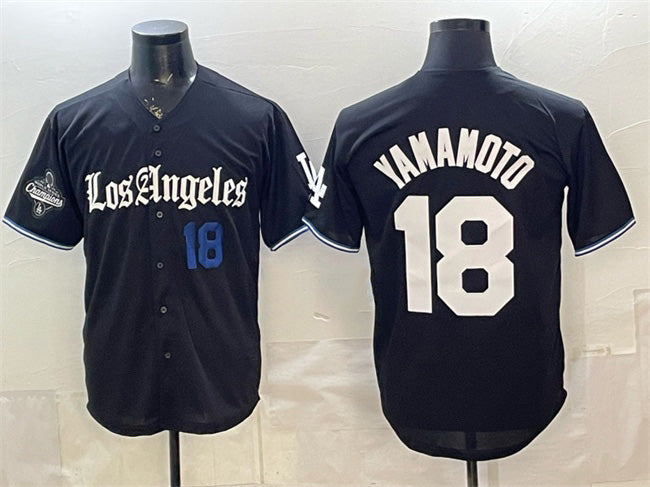 Los Angeles Dodgers #18 Yoshinobu Yamamoto Black Puhics 2025 World Series Champions Patch 'Gothic Edition' Vapor Premier Limited Stitched Jersey