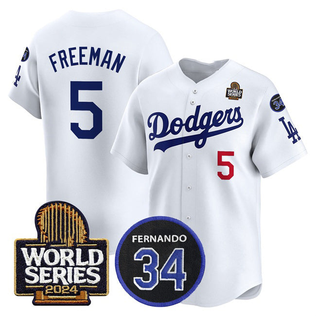 Los Angeles Dodgers #5 Freddie Freeman White Puhics 2024 World Series With Fernando Memorial Patch Limited Stitched Jersey