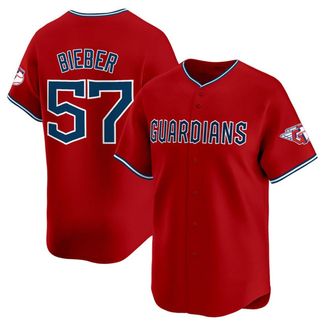 Cleveland Guardians #57 Shane Bieber Red Puhics Alternate Limited Stitched Jersey