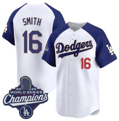 Los Angeles Dodgers #16 Will Smith White Blue Puhics 2025 Champions Stitched Jersey