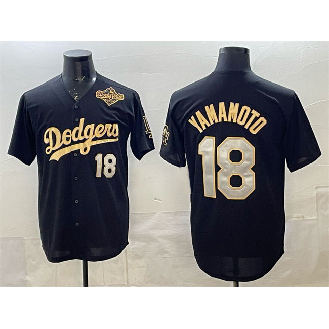 Los Angeles Dodgers #18 Yoshinobu Yamamoto Black Gold Puhics 2025 World Series Patch Limited Stitched Jersey