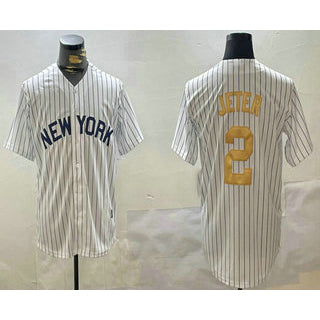 New York Yankees #2 Derek Jeter White Puhics Pinstripe Name Fashion Cool Base Jersey