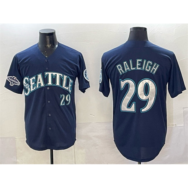 Seattle Mariners #29 Cal Raleigh Navy Puhics With 2025 AL West Division Champions Patch Limited Stitched jersey