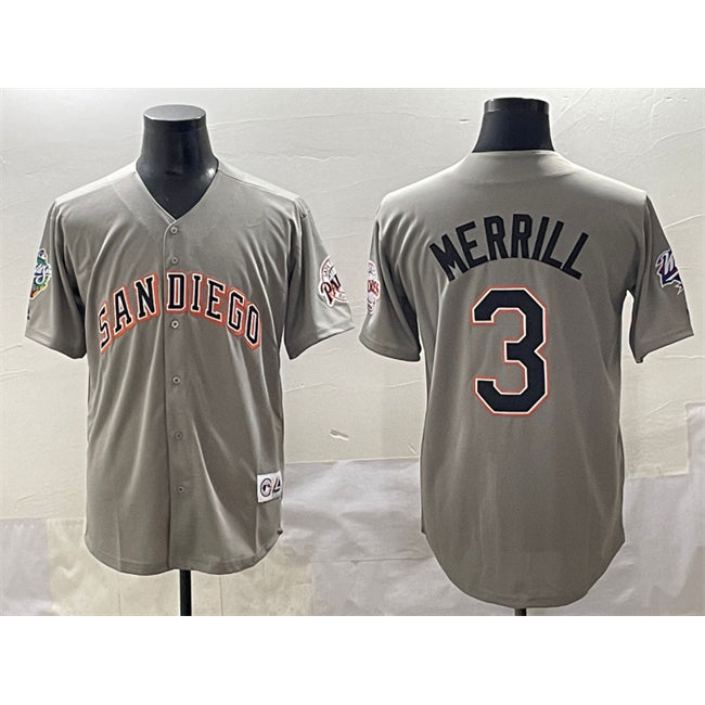 San Diego Padres #3 Jackson Merrill Gray Puhics Fashion Throwback With Patch Cool Base Stitched Jersey