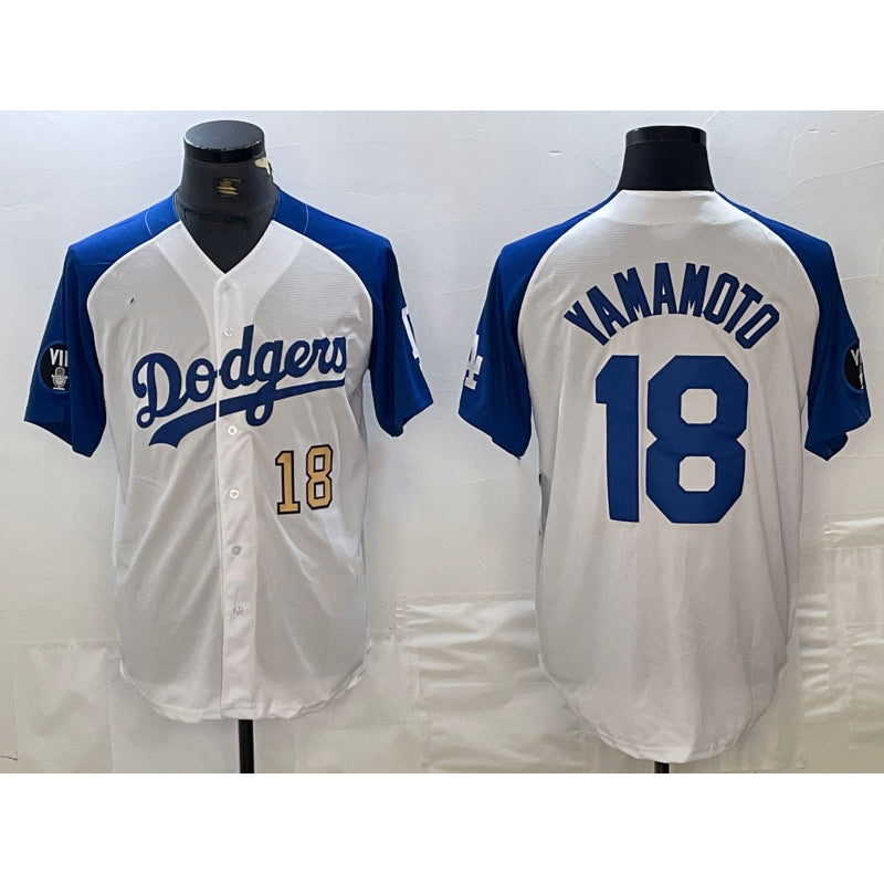 Los Angeles Dodgers #18 Yoshinobu Yamamoto Number White Blue Puhics Fashion Stitched Cool Base Limited Jerseys